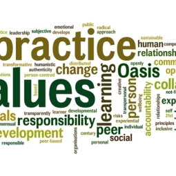 Wordle of words about Oasis values: practice, learning, person, change