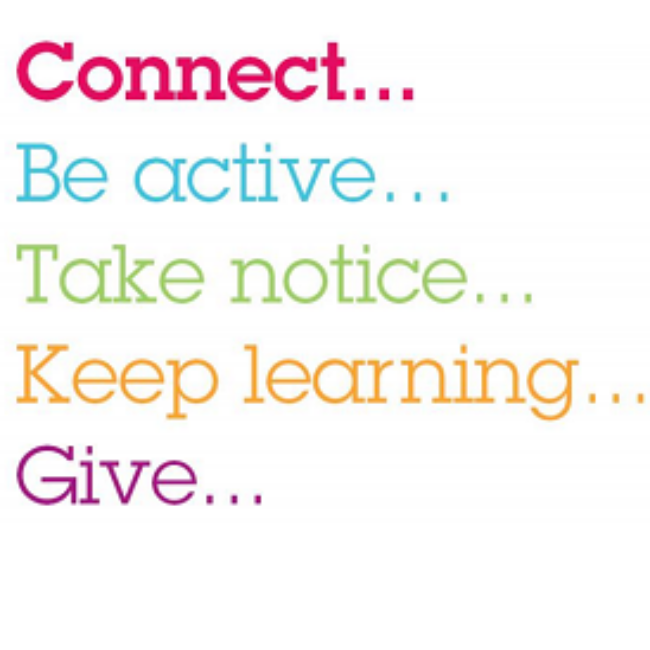 5 ways to wellbeing activity ideas: Connect, Be Active, Take Notice, Keep Learning, Give